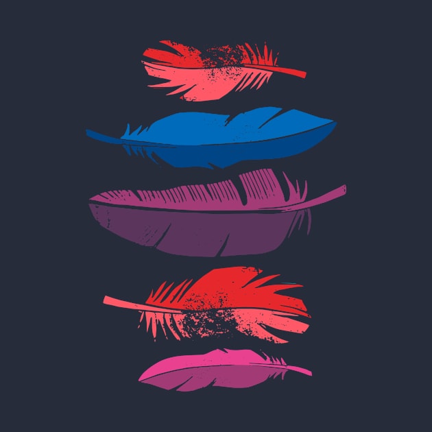 Printed feathers illustration in blue, purple, red and pink by Piakolle