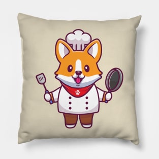 Cute Corgi Chef With Frying Pan And Spatula Pillow