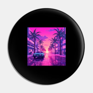 Vaporwave Retrowave Synthwave Vintage Sunset - Palm Trees - City - Retro Car Pin