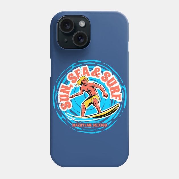 Vintage Sun, Sea & Surf Mazatlan, Mexico // Retro Surfing // Surfer Catching Waves Phone Case by Now Boarding