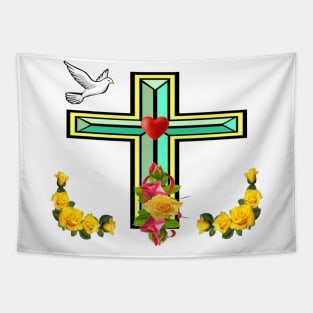 CHRISTIAN CROSS With YELLOW ROSES Tapestry