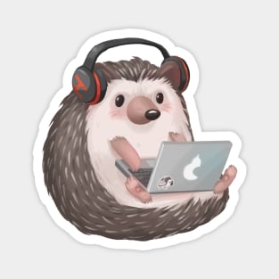 Cute Hedgehog Blogger on a Laptop Listening to Music Magnet