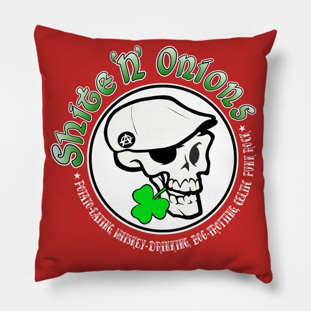 Shite 'n' Onions (White Print) Pillow by Tip-Tops