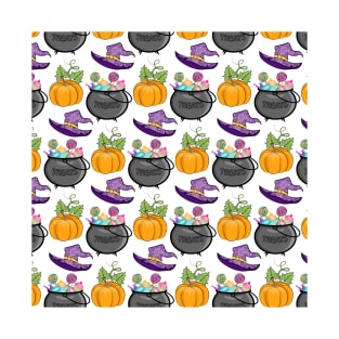 Halloween Pattern With Pumpkin Witch Hat T-Shirt