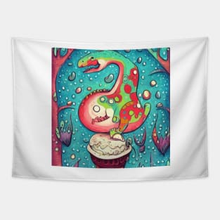 happy dinosaur love ice cream art Tapestry