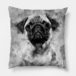 Pug Dog Watercolor Portrait black and white 01 Pillow