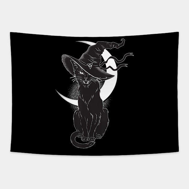 Vintage Scary Halloween Black Cat Costume Witch Hat Moon Tapestry by MarrinerAlex