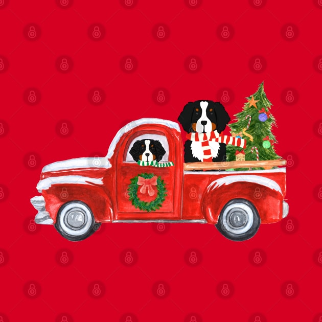 Bernese Mt Dogs Red Christmas Truck by EMR_Designs