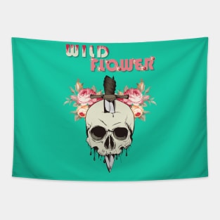 Wild Flower ( A Skull With A Knife In It And Flowers Behind ) Tapestry