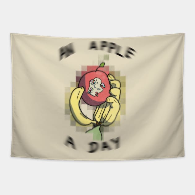 An Apple A Day - banana hand holding gummy worm infested apple - word art Tapestry by DopamineDumpster