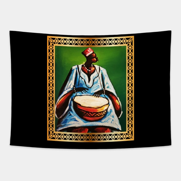 African Man Playing Drums, African Artwork Tapestry by dukito