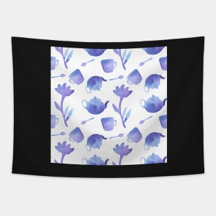 Watercolor tea pattern - tea pot, spoon, cup and flower Tapestry
