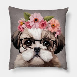 Baby Shih Tzu Puppy Wearing Glasses Pillow