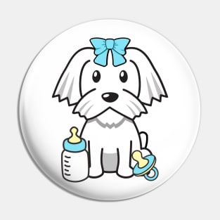 Cute white dog wearing a blue ribbon Pin