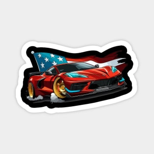 Red C8 Corvette Fourth of July American Flag Supercar Racecar Muscle Car Sportscar July 4th Torch Red Corvette C8 Magnet