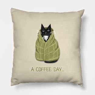 Cartoon funny black cat and the inscription "A coffee day". Pillow