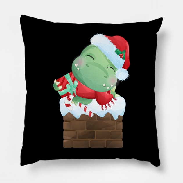 Cute Christmas T Rex Dinosaur Lying On Chimney Pillow by P-ashion Tee