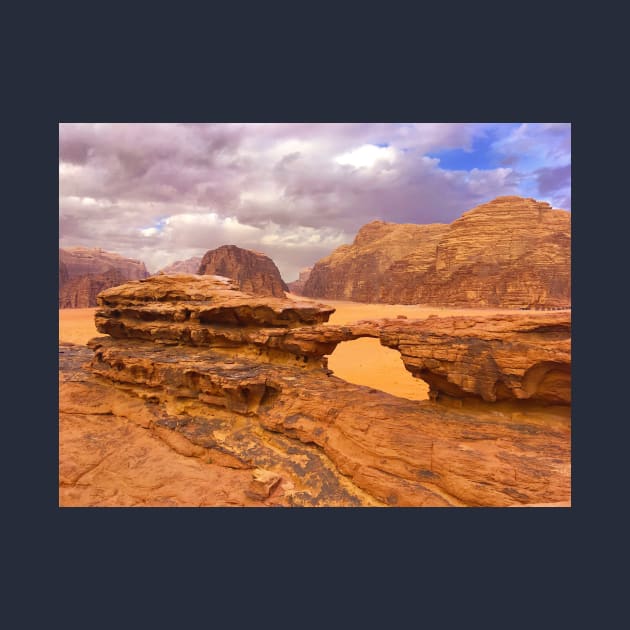 Rock formation with natural arch in the Wadi Rum desert, Jordan by Kate-P-