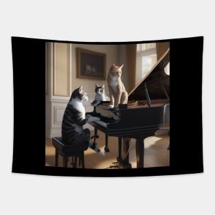 A Cat Playing Piano With His Friends Looking On Tapestry