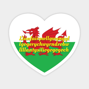 Llanfairpwllgwyngyllgogerychwyrndrobwllllantysiliogogogoch Wales UK Wales Flag Heart Magnet