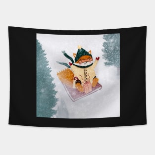 Happy Fox Sliding In The Snow Tapestry