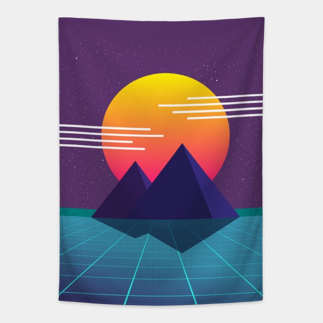 80s Sunset Nostalgic Computer Graphic Tapestry by AlondraHanley