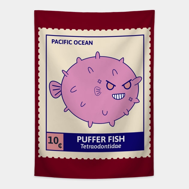 Kawaii Cute Menacing Pufferfish, Ocean Stamp Collection, Pufferfish Lover Tapestry by vystudio