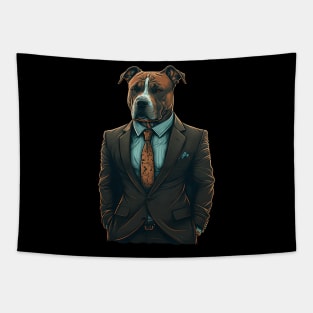 Suave and Successful: The Brown and White Pitbull in a Tailored Dark Suit - A Unique Marketing Design for the Modern Business Dog Tapestry