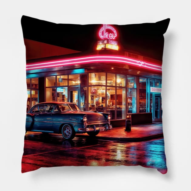 A City Diner Lit Up With Neon and Wet Streets - Landscape Pillow by jecphotography