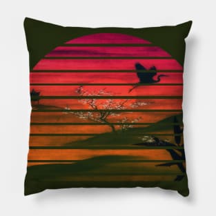 Lispe Traditional Japanese Aesthetic Sunset with Crane Silhouette Pillow