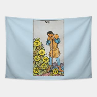 Seven of pentacles tarot card (distressed) Tapestry