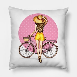 girl near bicycle with basket Pillow