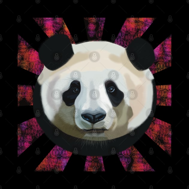 Striking Panda bear on pink black bubble patterned sun rays by KateVanFloof