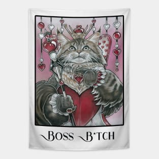 Queen of Hearts Cat - Boss B*tch - Black Outlined Version Tapestry