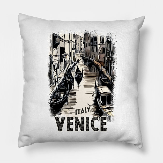 Venice Italy Vintage Travel Postcard Art Style Retro Mid Century illustration Pillow by Naumovski