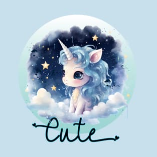 Cute Baby Unicorn on Clouds and Starry Sky Watercolor Illustration T-Shirt