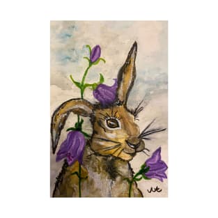 Mr. Rabbit with bluebells above cloudy sky - hand drawn watercolor artwork T-Shirt