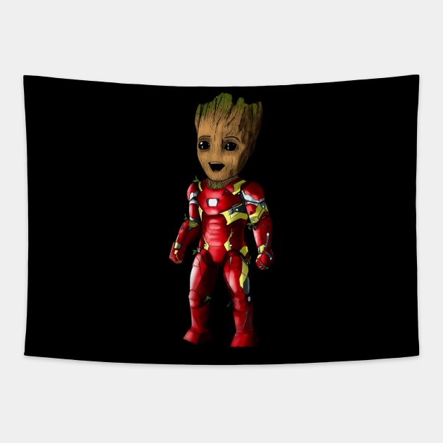 Baby Groot as Iron Man Tapestry by hardwoodknocks