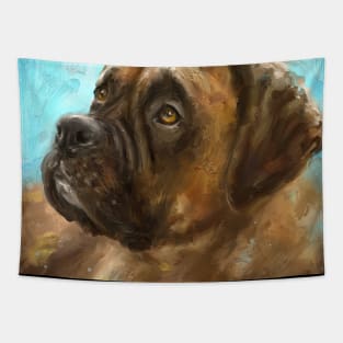 Thick Oil Painting of a Brown Coated Boxer Dog Looking to the Side on Blue Background Tapestry