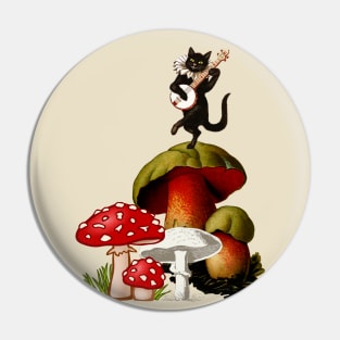 Black cat playing guitar on a mushroom hippie 80s music Pin