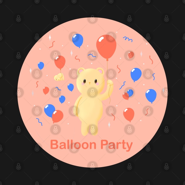 Balloon Party, cute teddy bear with lots of red and blue balloons having a party by Catphonesoup