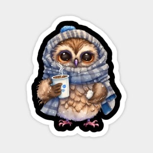 Chibi Owl Drinking Hot Chocolate cute christmas snow design series 1 Magnet