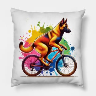 Watercolor Belgian Malinois Dog Riding A Bike Pillow