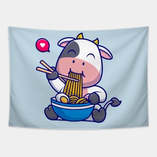 Cute Cow Eating Ramen Bowl With Chopstick Cartoon Tapestry