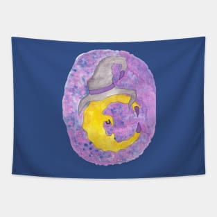 Clawed Witchy Moon Against the Starry Night Sky Hand Drawn Watercolor and Ink Artwork Tapestry