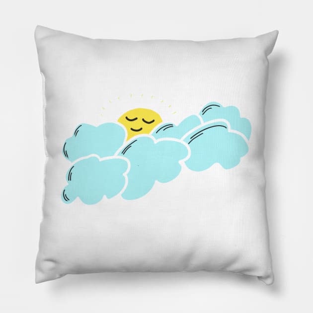 Smiling Sun Blue Cloud Hand Drawing Pillow by me and dinosaur