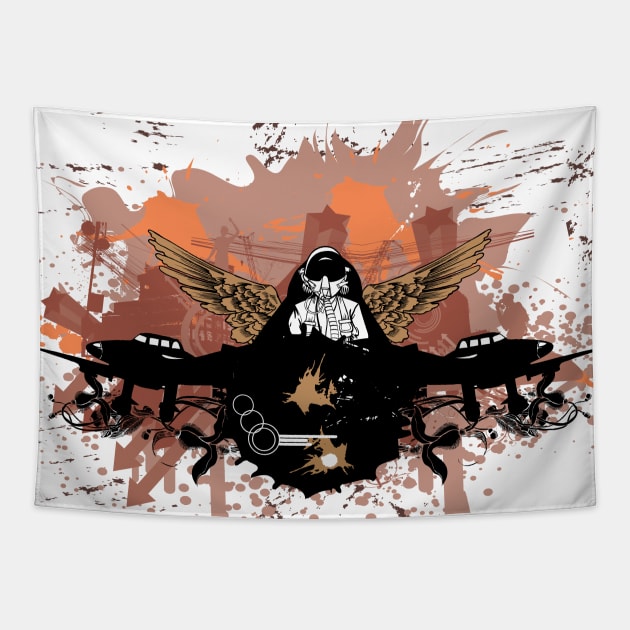 Graffiti layout, man wearing a gas mask and angel wings, splattered paint, dirty patterns, arrows, stars, geometric shapes and abstract decorations Tapestry by aldyfmsh