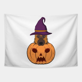 Halloween German Shepherds With Witch Hat Stuck In A Pumpkin Head. Tapestry