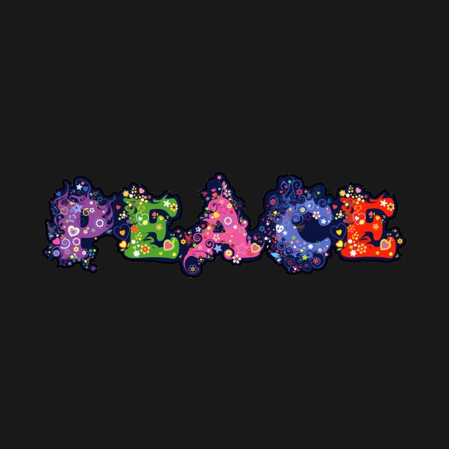 Peace word in colorful letters and flowers by pickledpossums