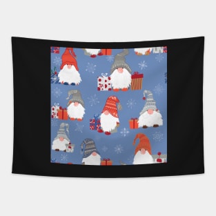 Christmas Gnomes with Snowflakes and Presents on Pale Blue Tapestry